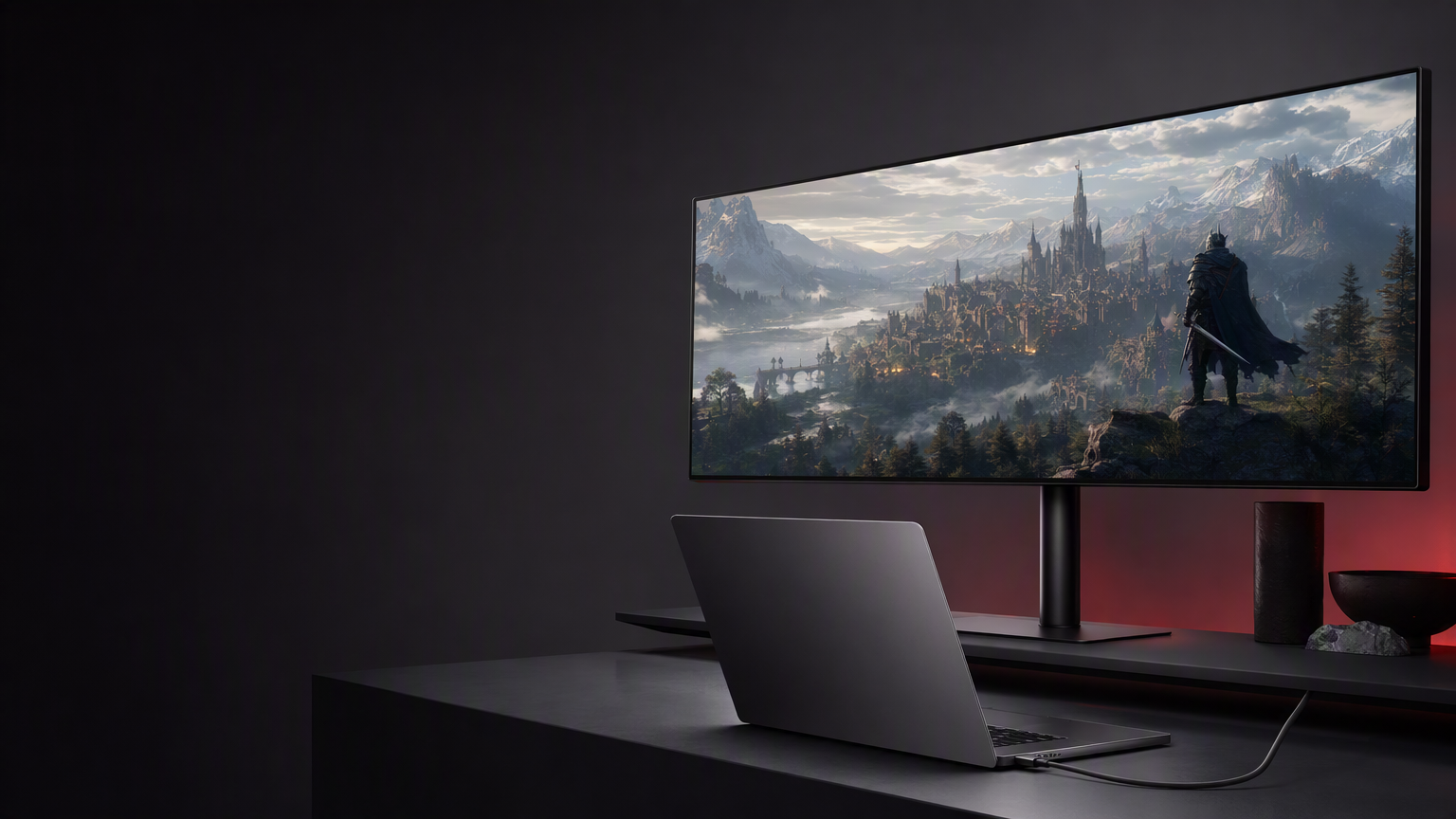 MacBook 連接外接寬螢幕的概念圖